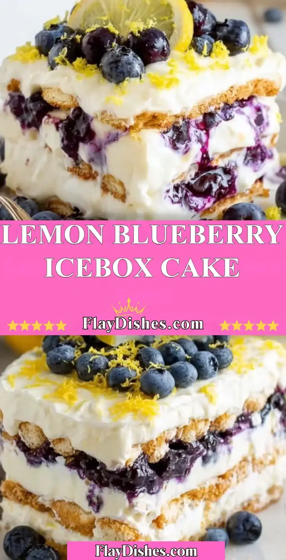 Slice of Lemon Blueberry Icebox Cake with fresh blueberries and lemon slices