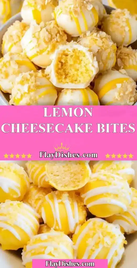 Delicious lemon cheesecake bites on a white plate with garnishes
