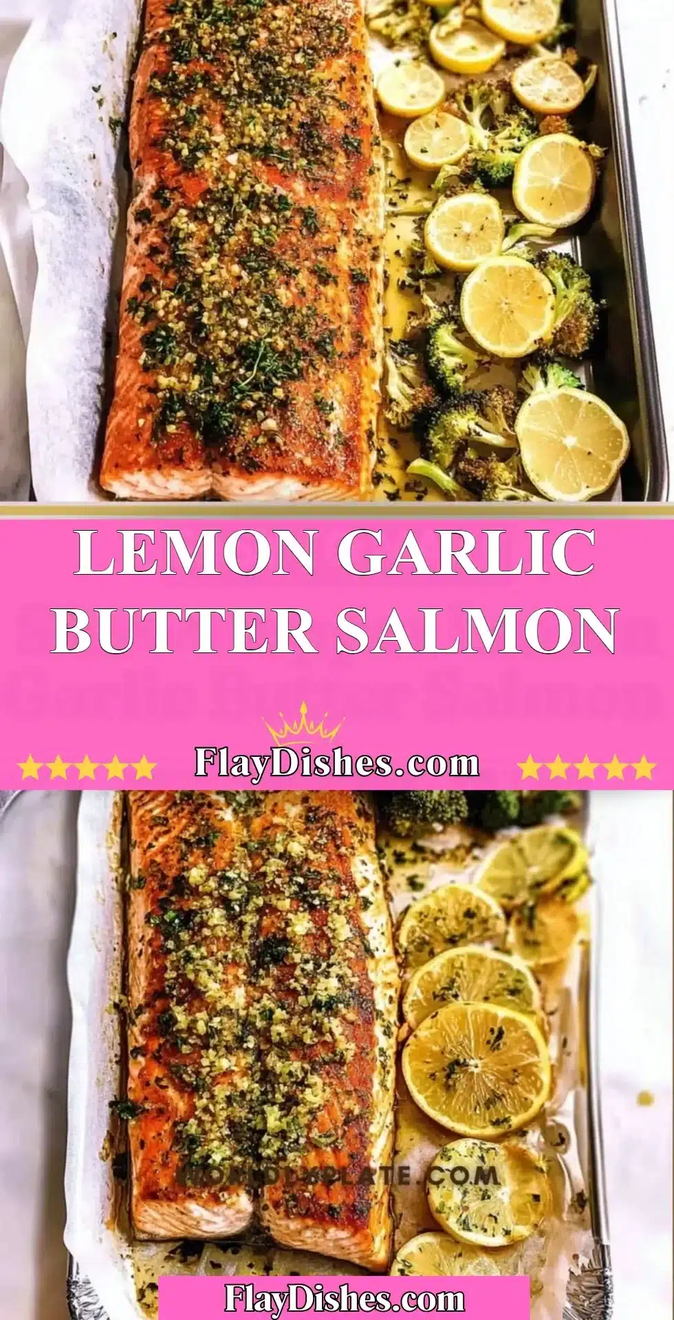 Lemon Garlic Butter Salmon fillet served with herbs and lemon slices