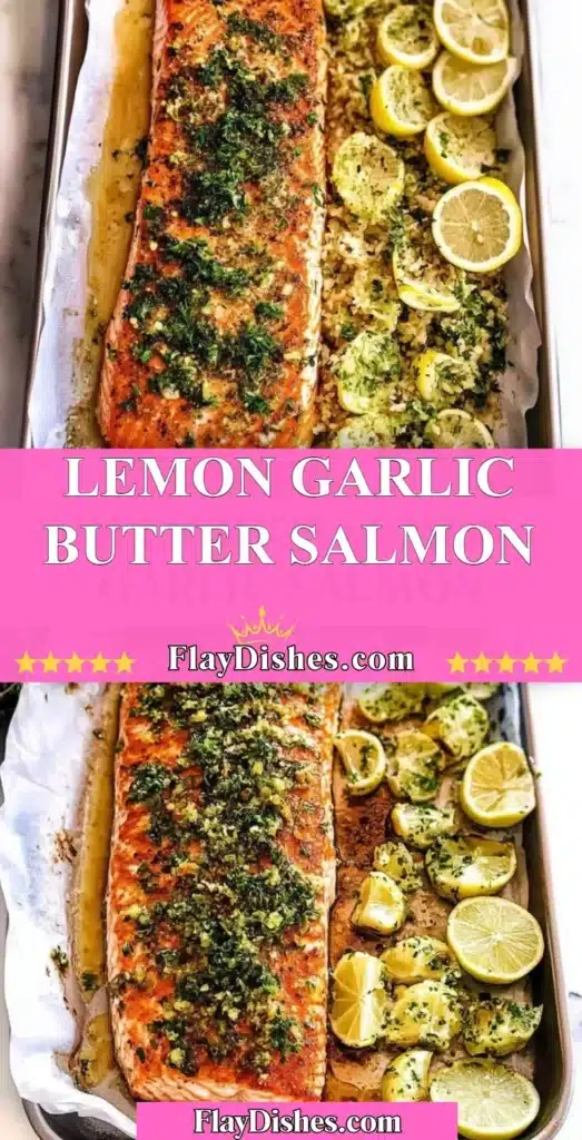Lemon Garlic Butter Salmon fillet garnished with herbs and lemon slices