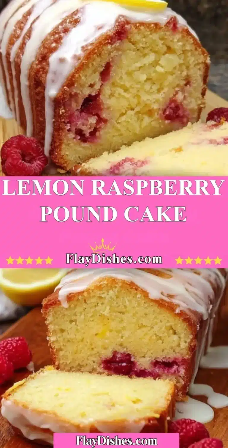 Slice of Lemon Raspberry Pound Cake with fresh raspberries and lemon garnish