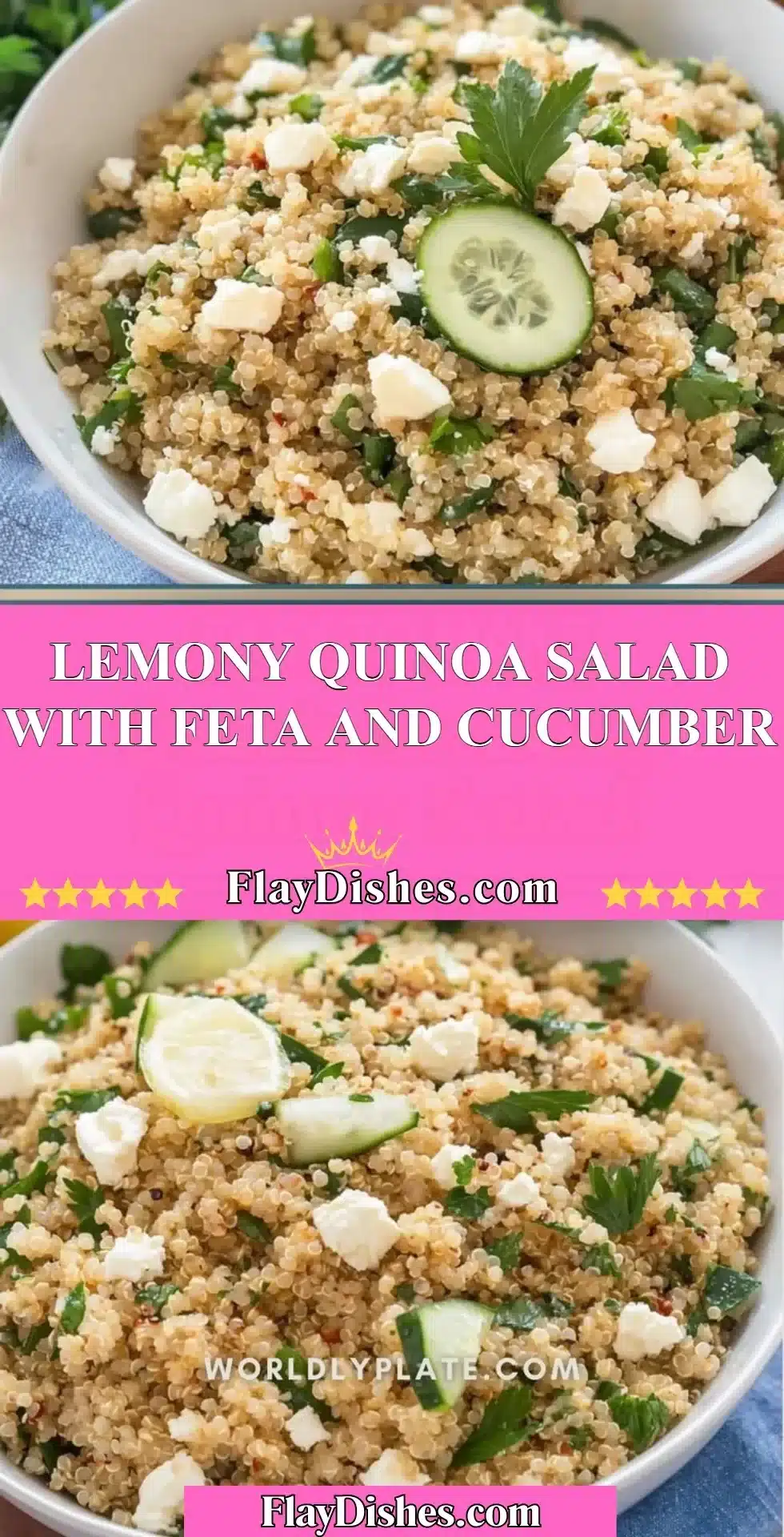 Lemony quinoa salad with feta cheese and cucumber in a bowl