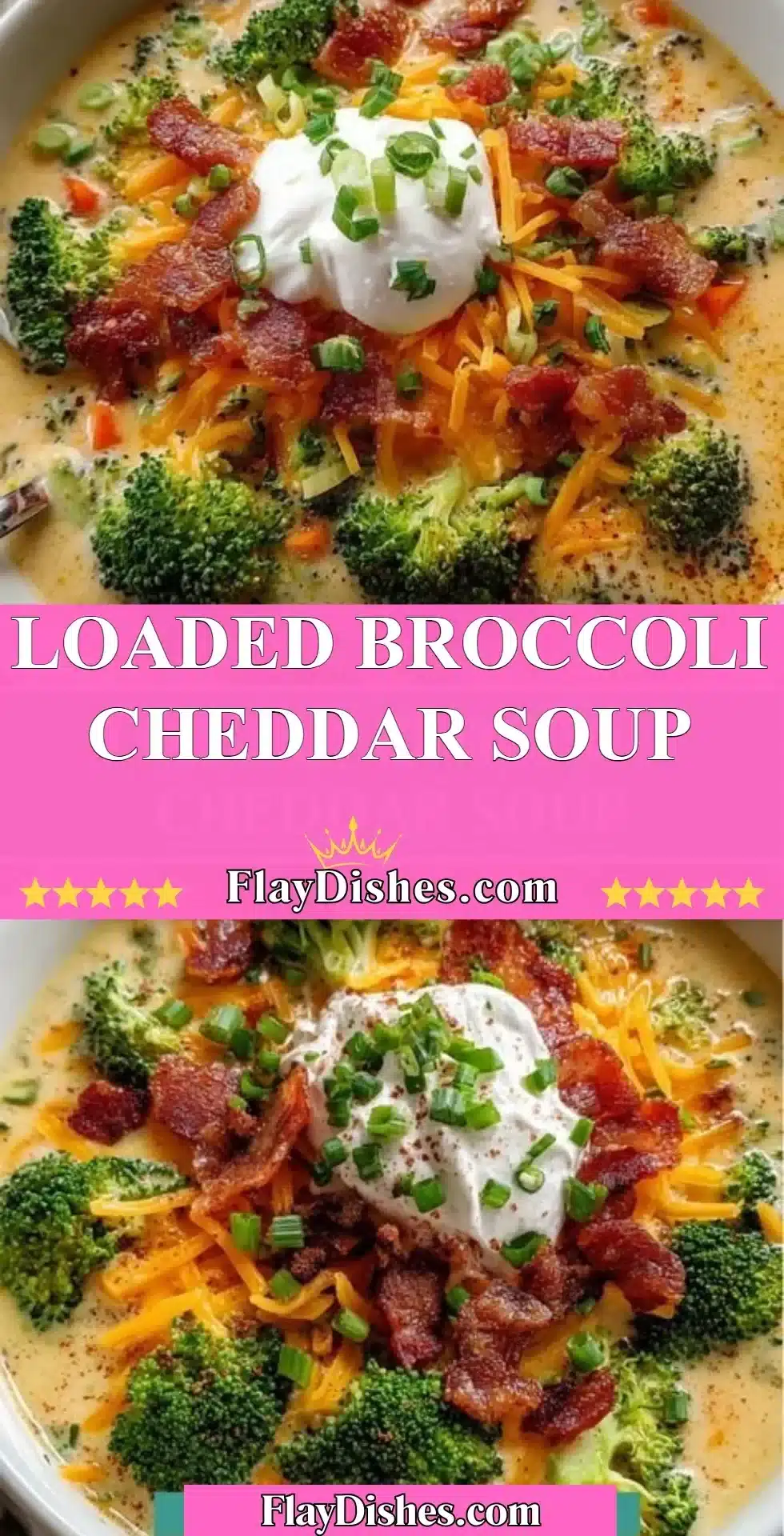 Bowl of loaded broccoli cheddar soup with toppings like cheese and croutons