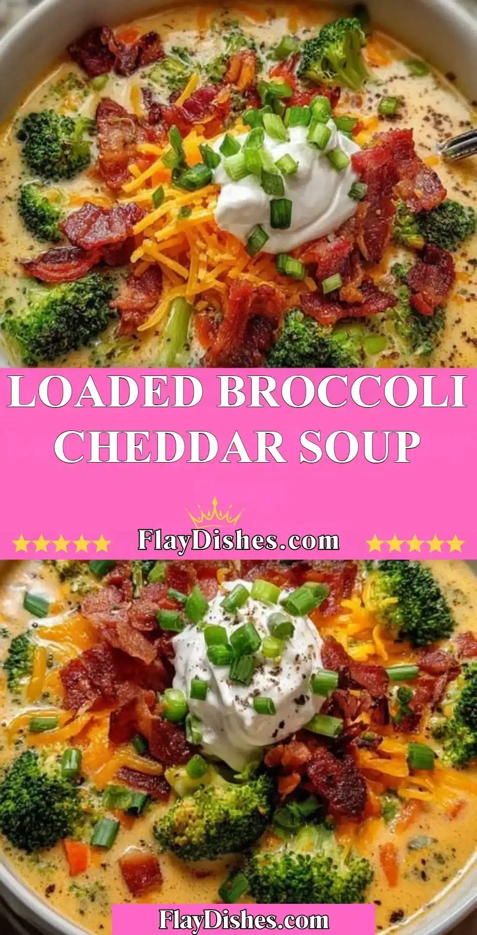 Bowl of loaded broccoli cheddar soup topped with melted cheese and broccoli florets.