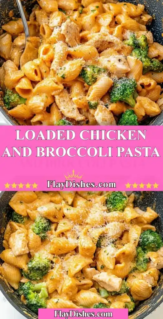 Loaded Chicken and Broccoli Pasta dish with creamy sauce and vibrant vegetables