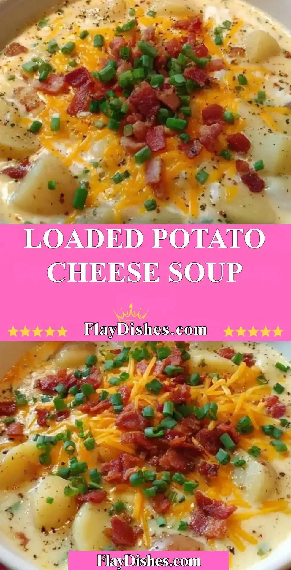 Bowl of loaded potato cheese soup topped with bacon and green onions