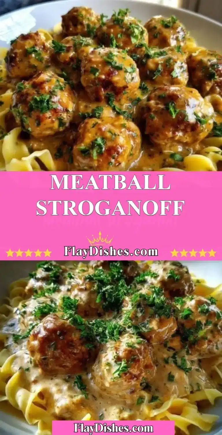 Delicious Meatball Stroganoff served in a bowl topped with parsley.