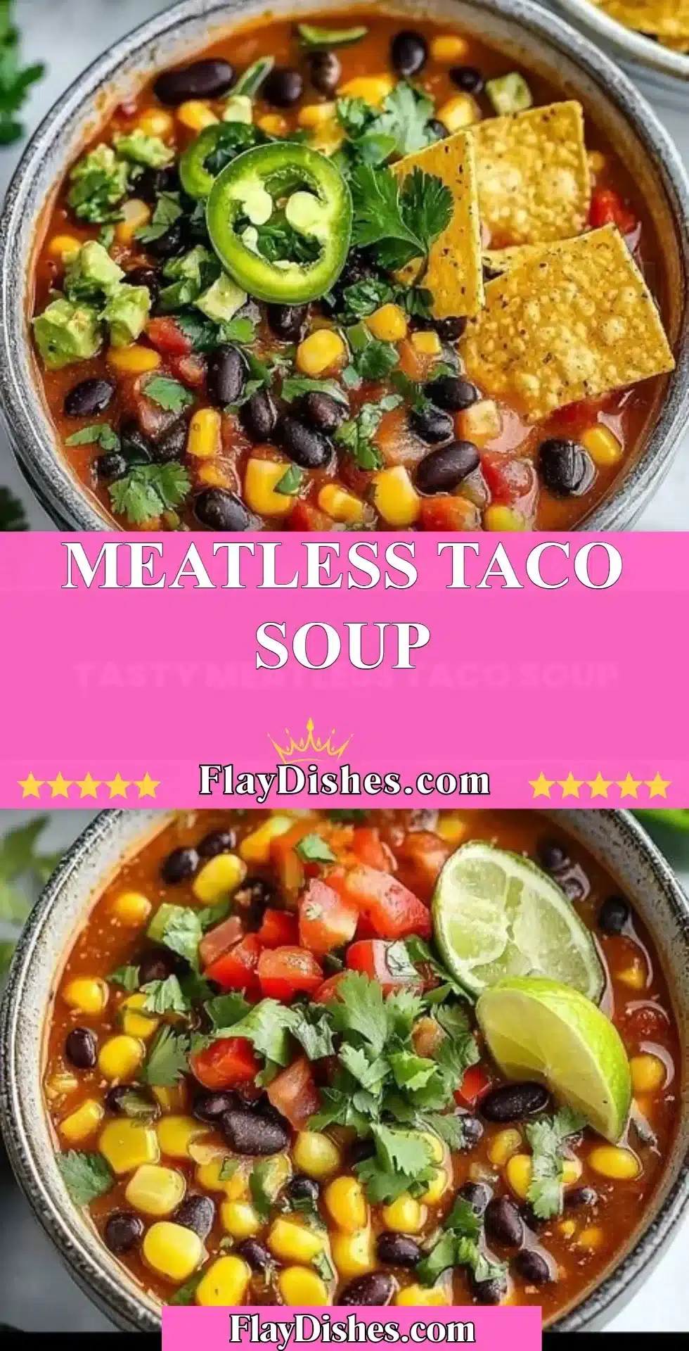Bowl of Meatless Taco Soup topped with fresh herbs and avocado