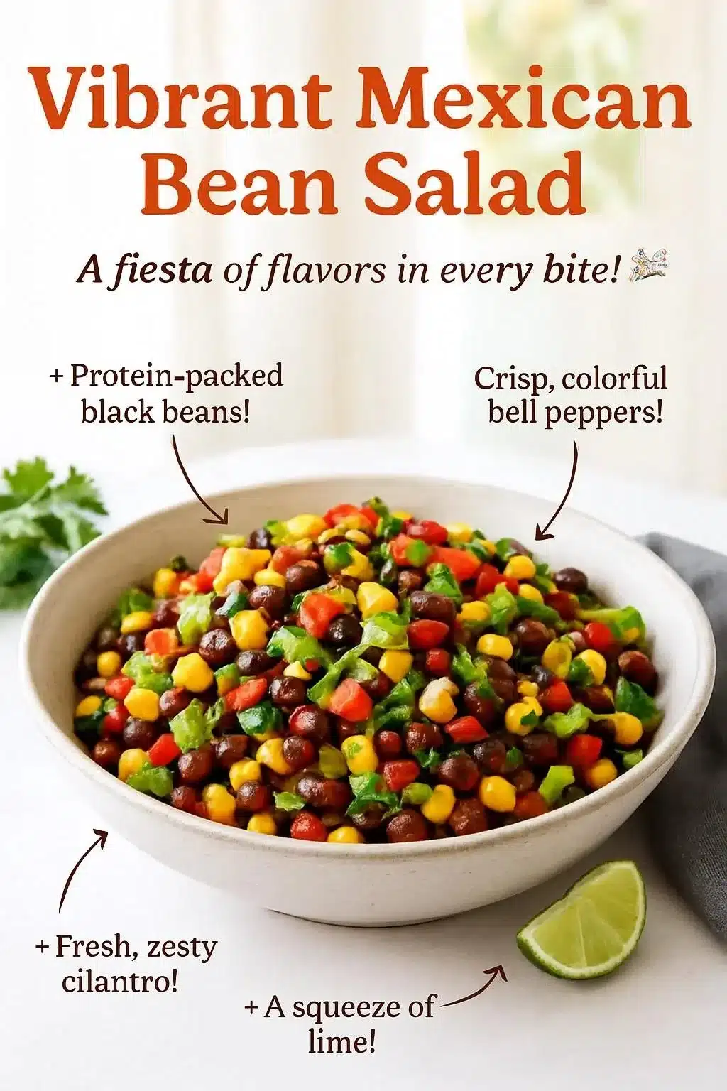 A vibrant bowl of Mexican Bean Salad with colorful beans, vegetables, and dressing.