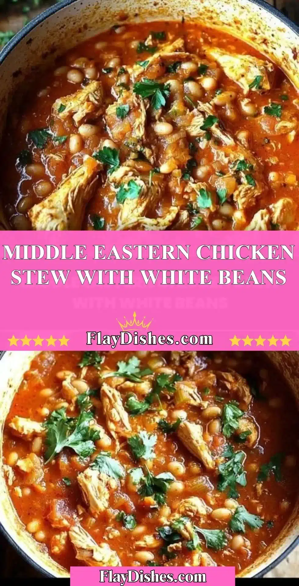 Middle Eastern chicken stew with white beans served in a bowl with fresh herbs