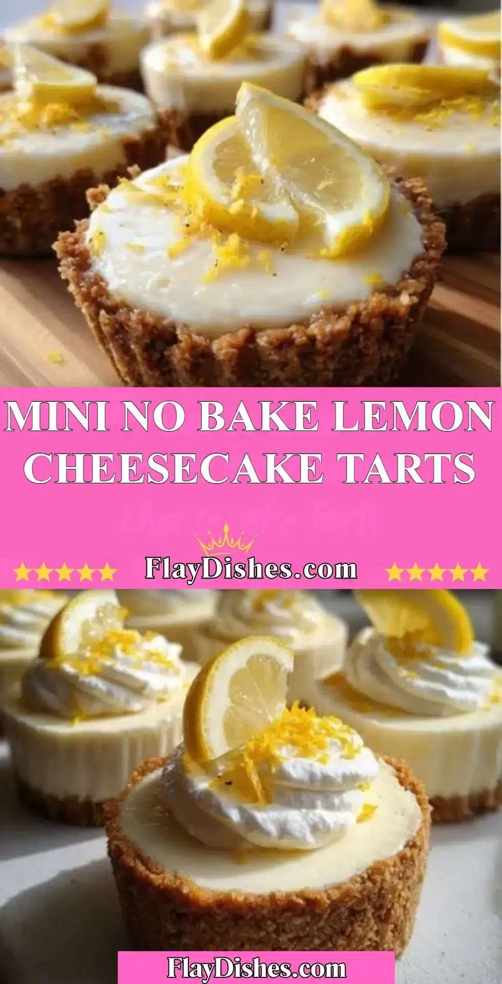 Mini no bake lemon cheesecake tarts served on a plate