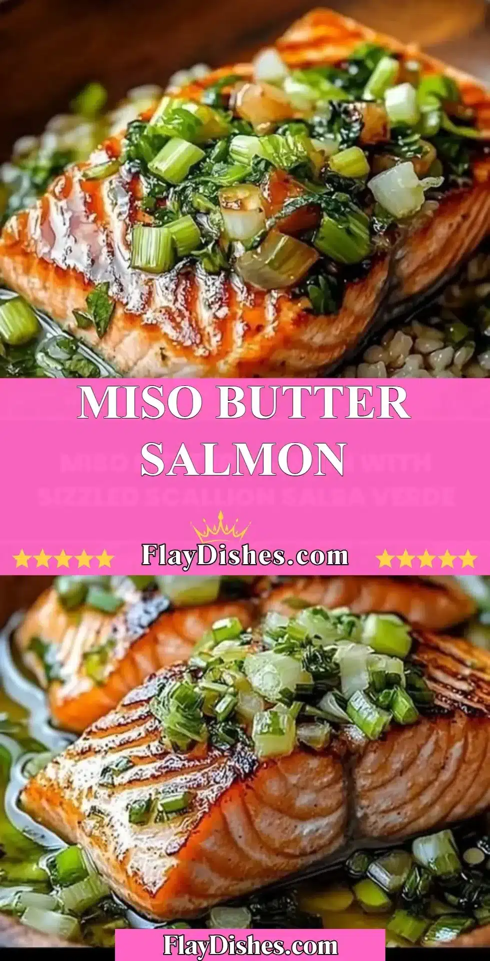 Delicious miso butter salmon served with garnishes on a white plate.