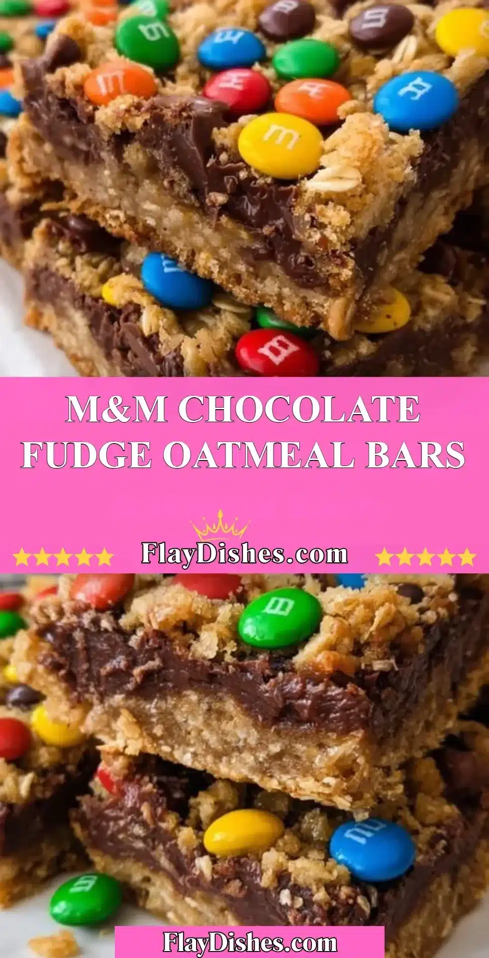 Delicious M&M chocolate fudge oatmeal bars with a rich, chewy texture.