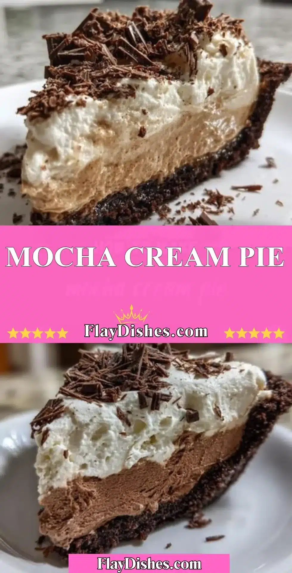 Delicious Mocha Cream Pie topped with whipped cream and cocoa powder