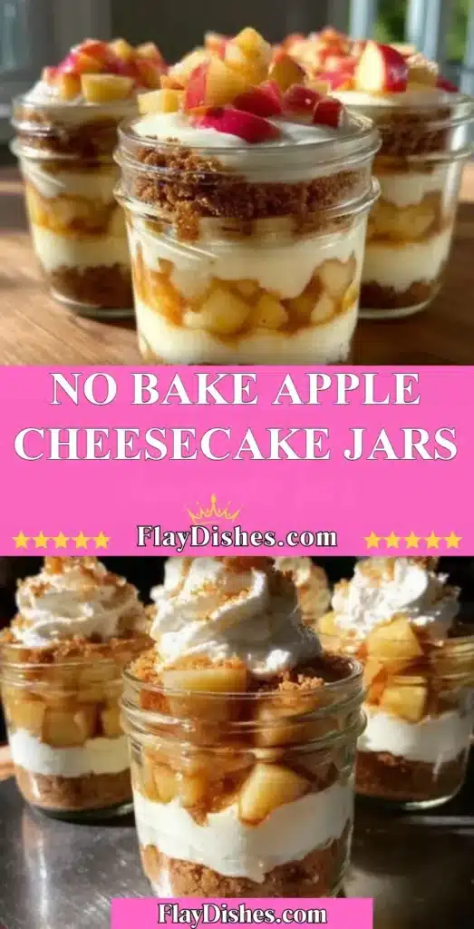 Delicious No Bake Apple Cheesecake Jars topped with fresh apple slices and caramel