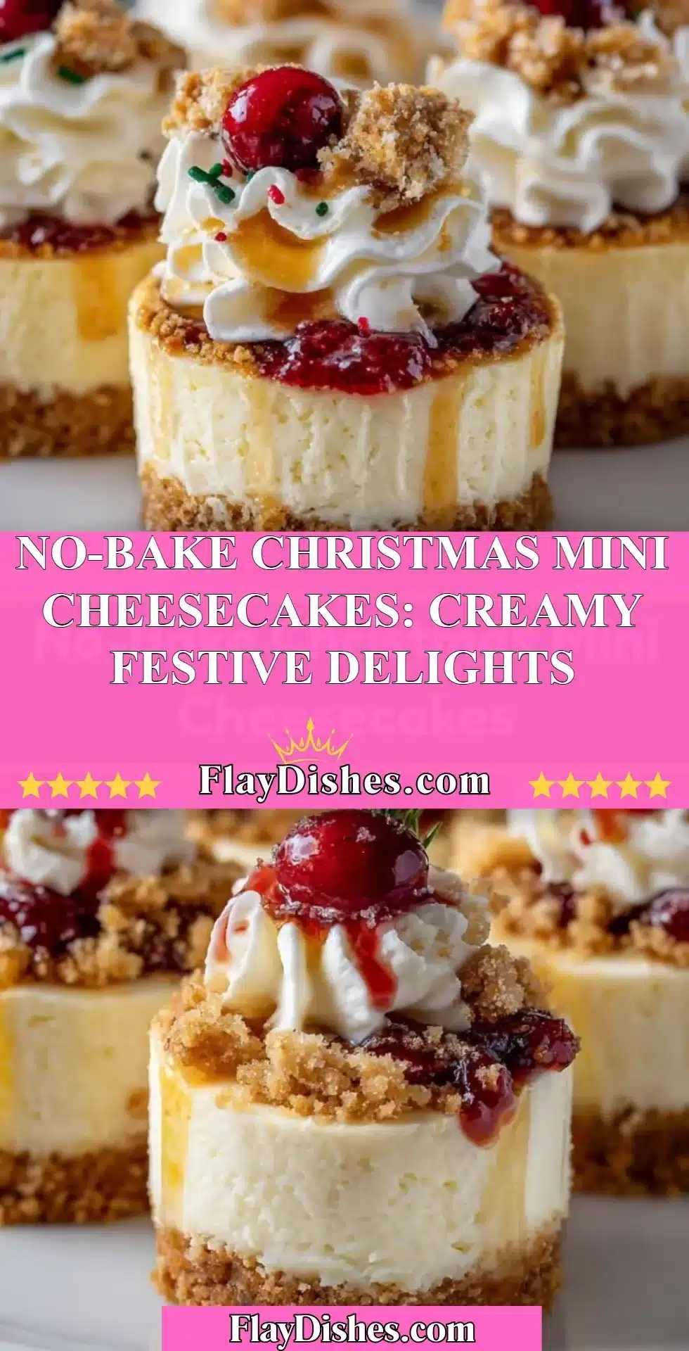No-Bake Christmas Mini Cheesecakes topped with festive decorations