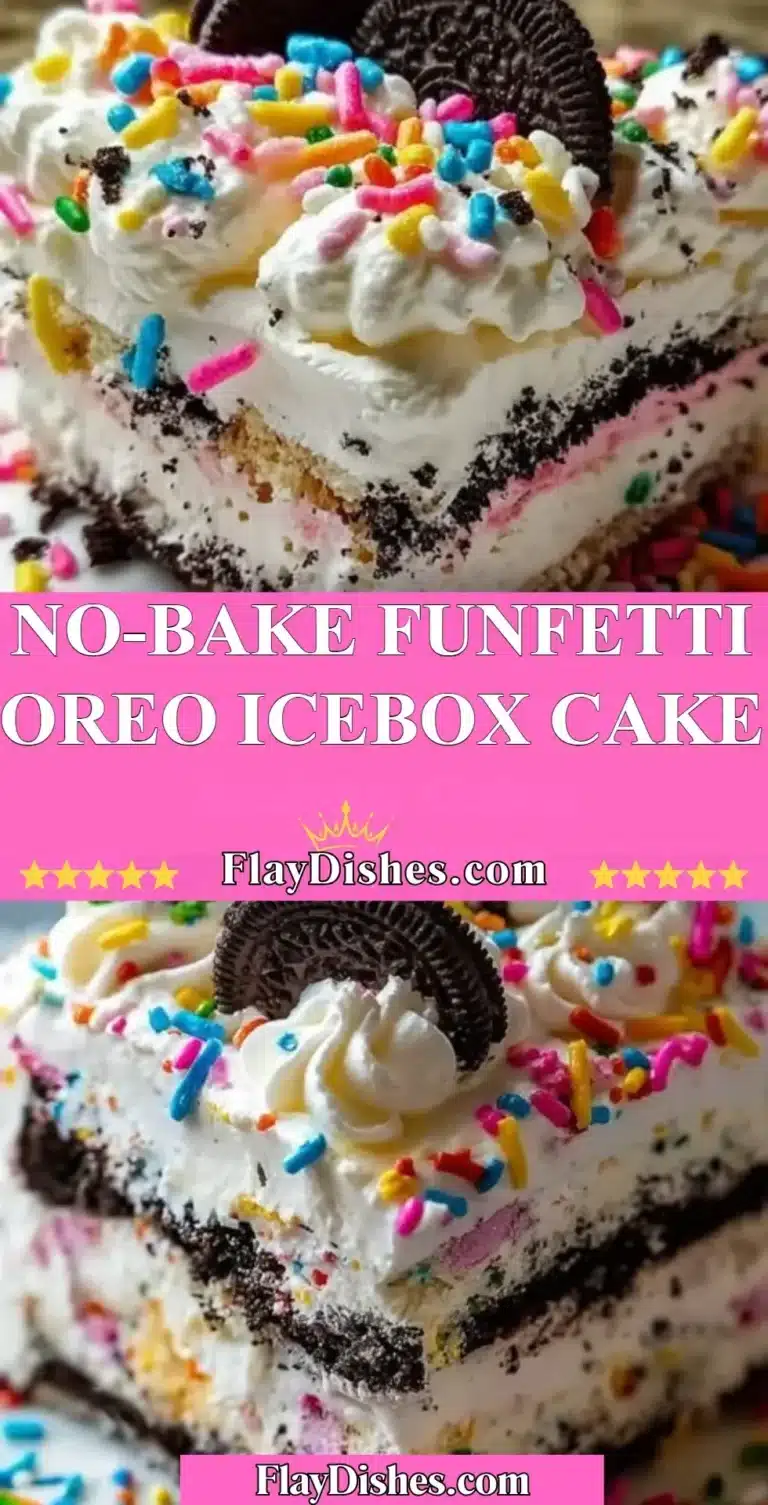 No-Bake Funfetti Oreo Icebox Cake with colorful sprinkles and Oreo layers.