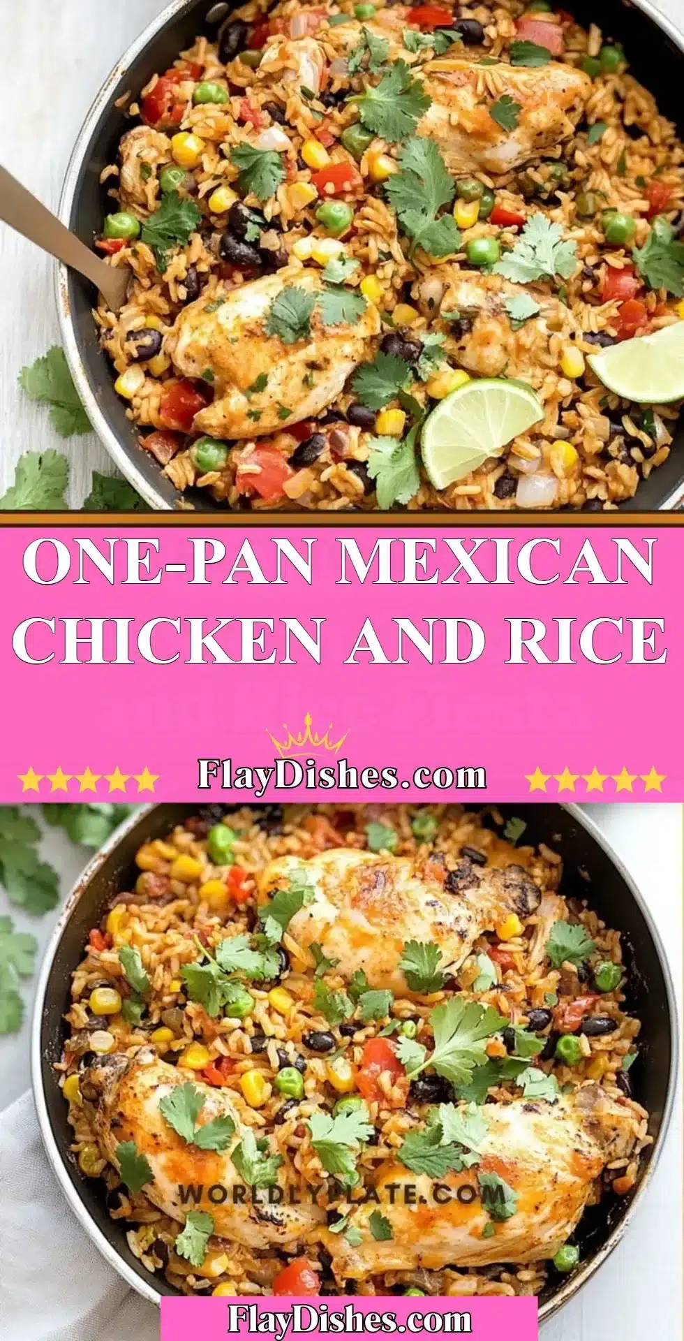 One-Pan Mexican Chicken and Rice dish with colorful ingredients on a plate
