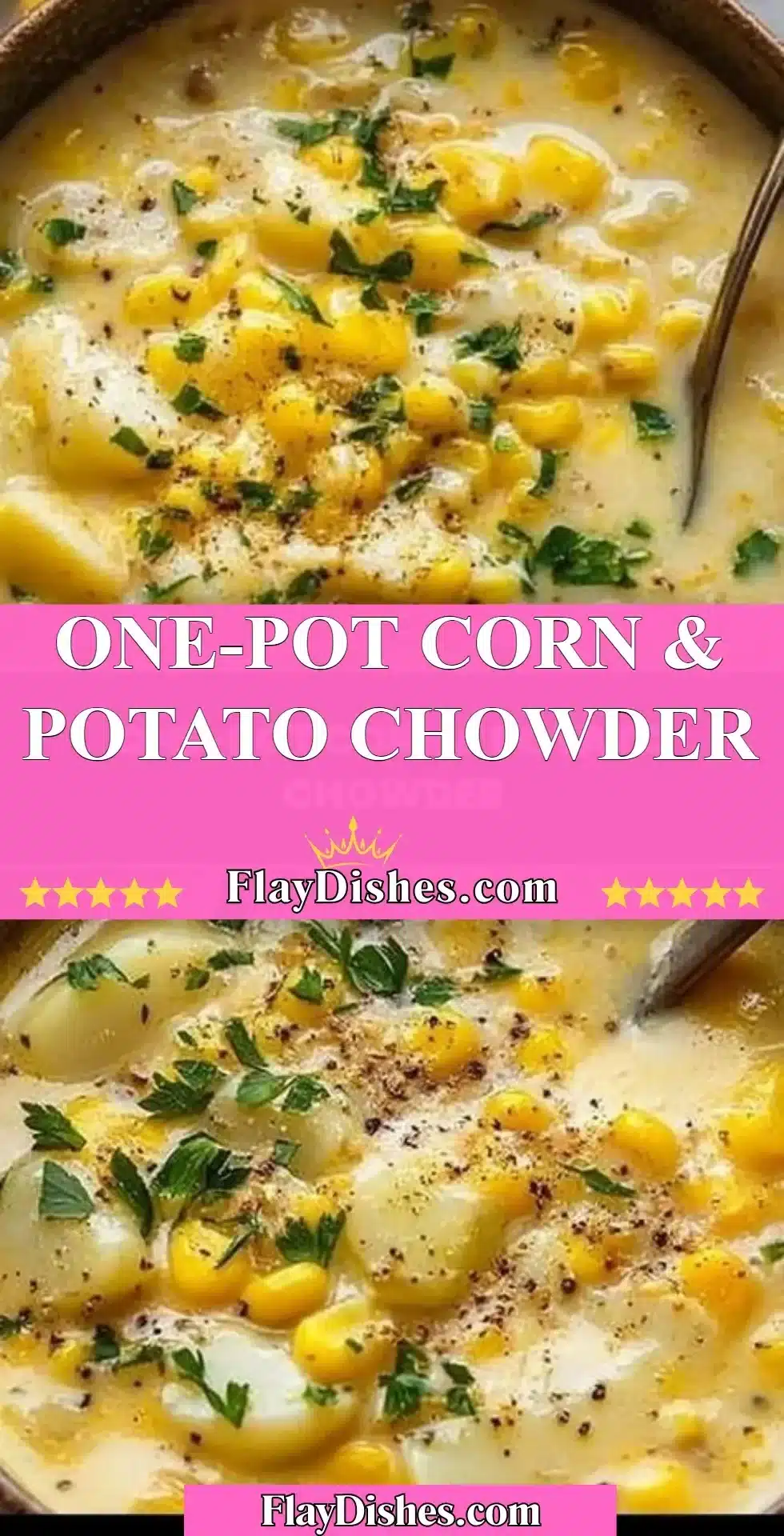 One-pot corn and potato chowder in a bowl topped with fresh herbs.