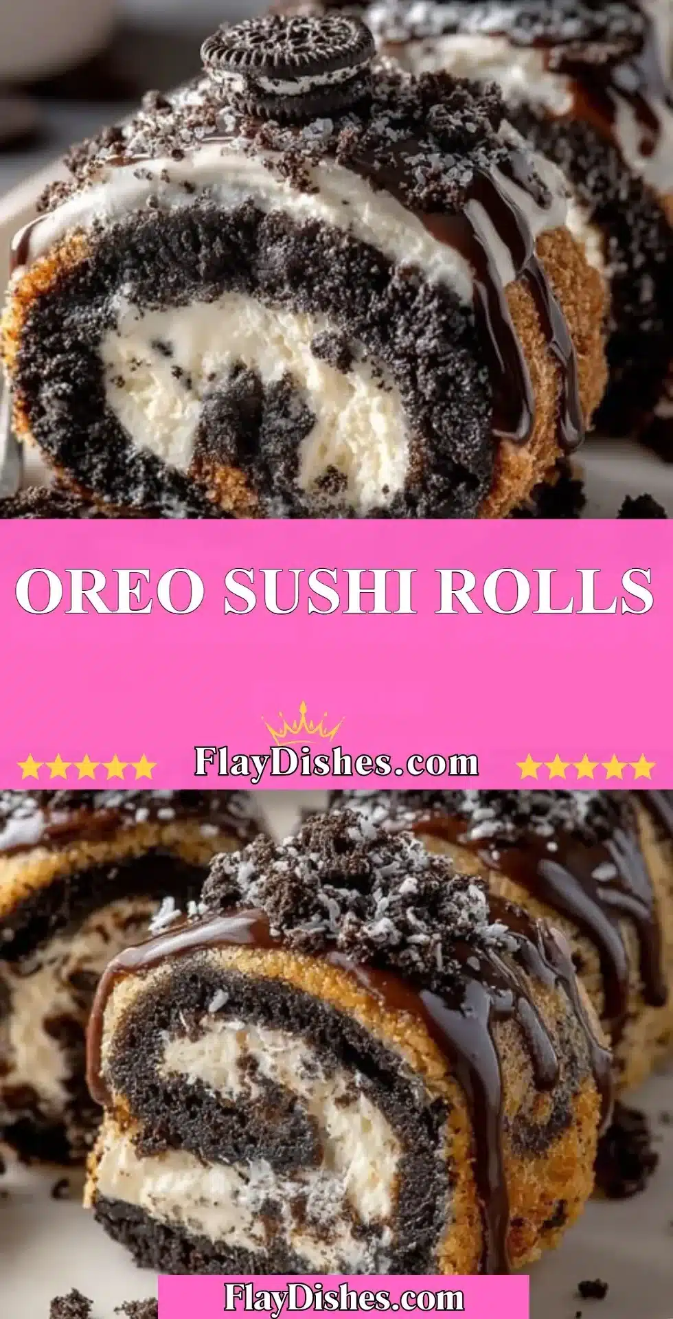 Delicious Oreo Sushi Rolls dessert topped with chocolate drizzle and sprinkles