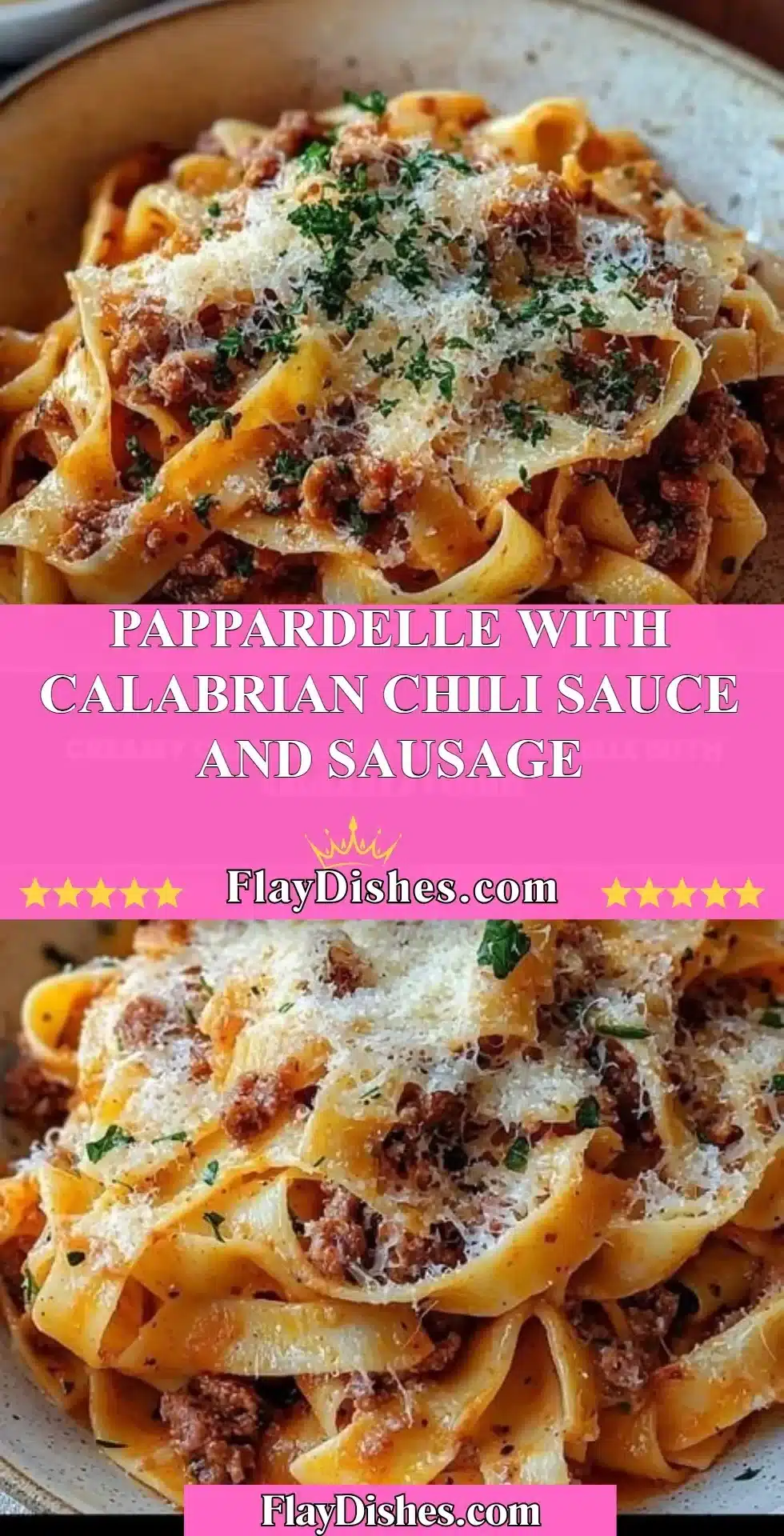 Pappardelle pasta served with Calabrian chili sauce and sausage
