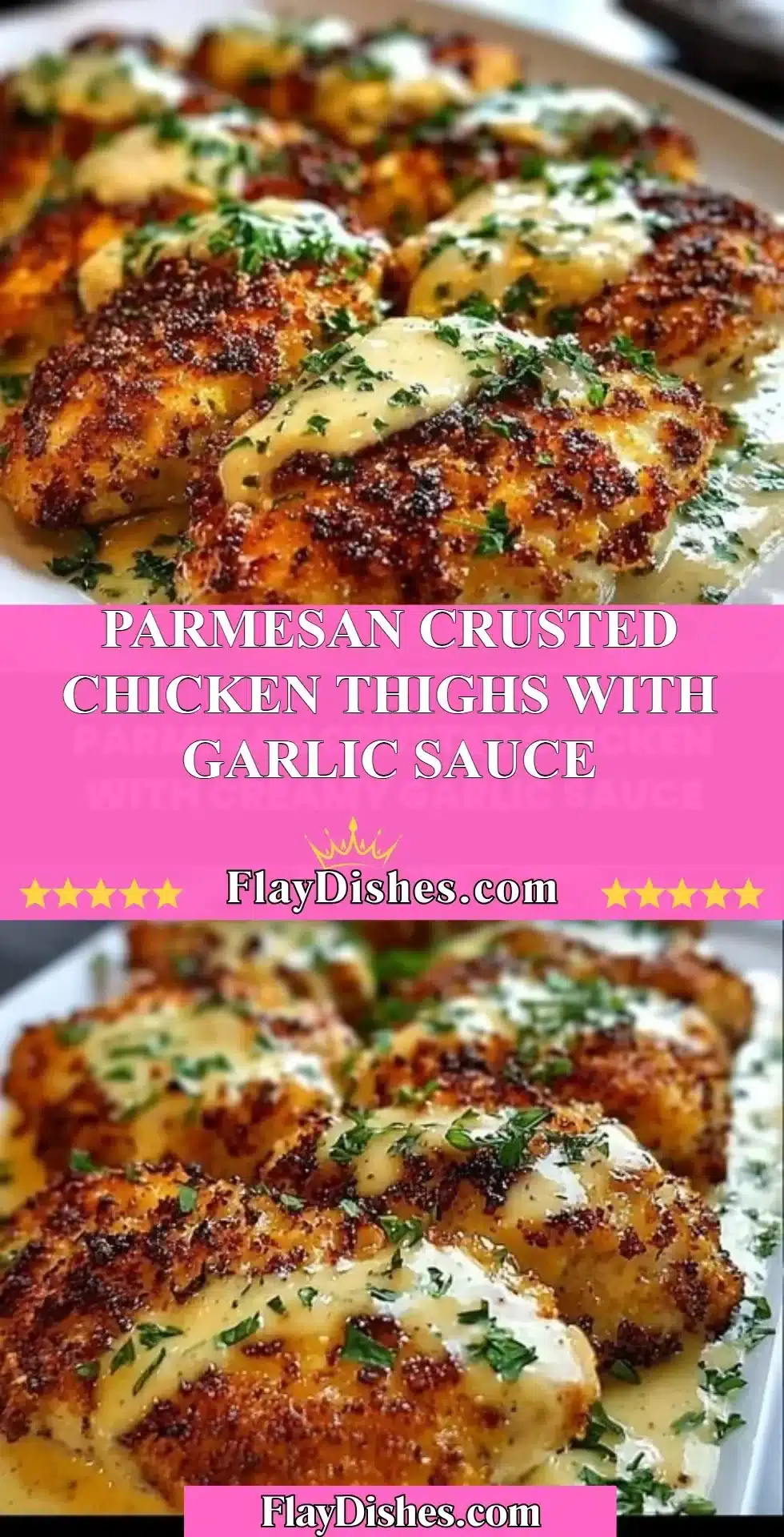 Parmesan crusted chicken thighs topped with garlic sauce on a plate