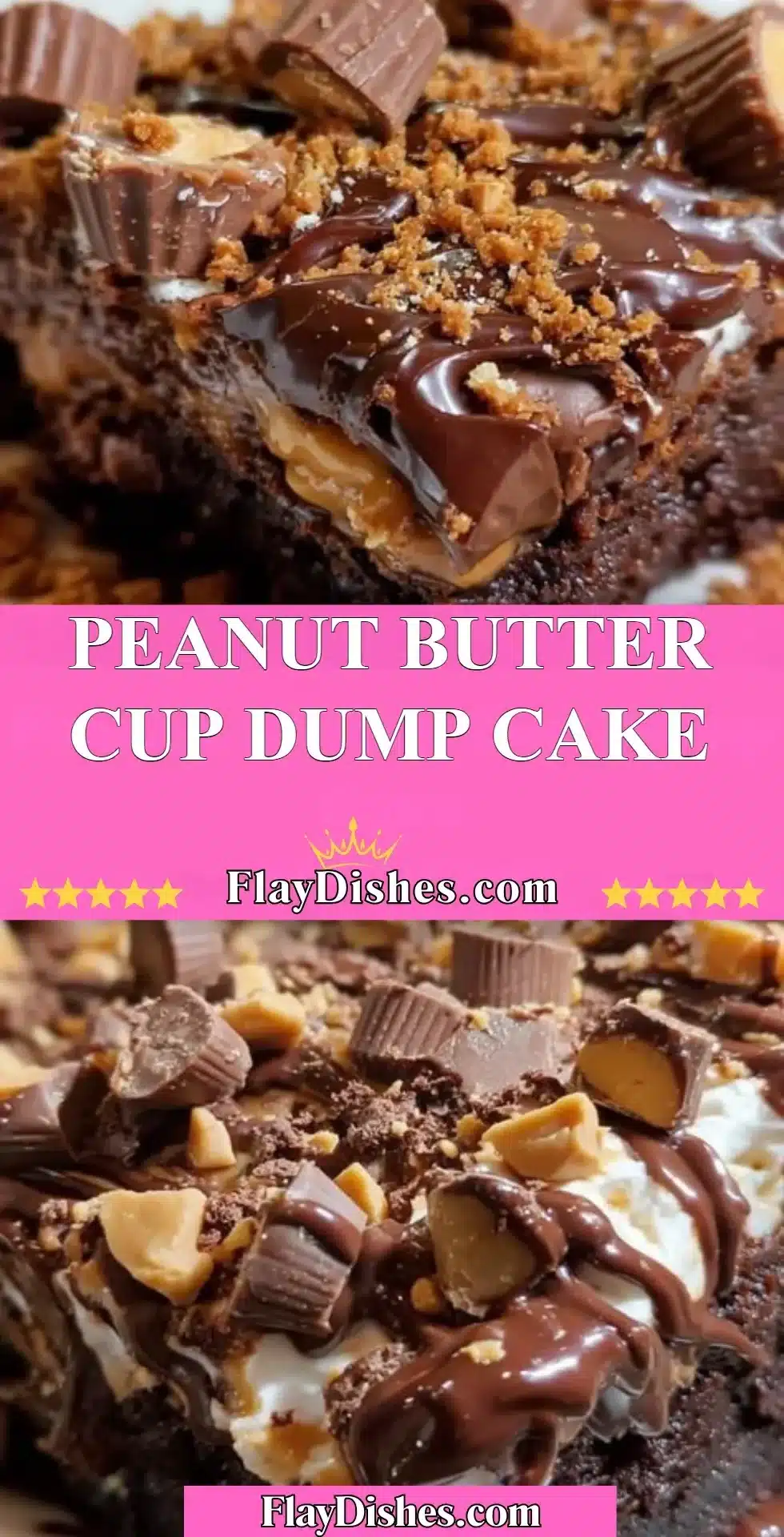 Delicious Peanut Butter Cup Dump Cake topped with chocolate and peanut butter cups