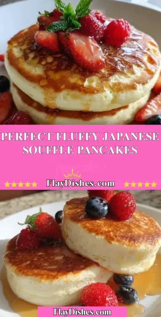 Fluffy Japanese souffle pancakes served with syrup and fresh fruit