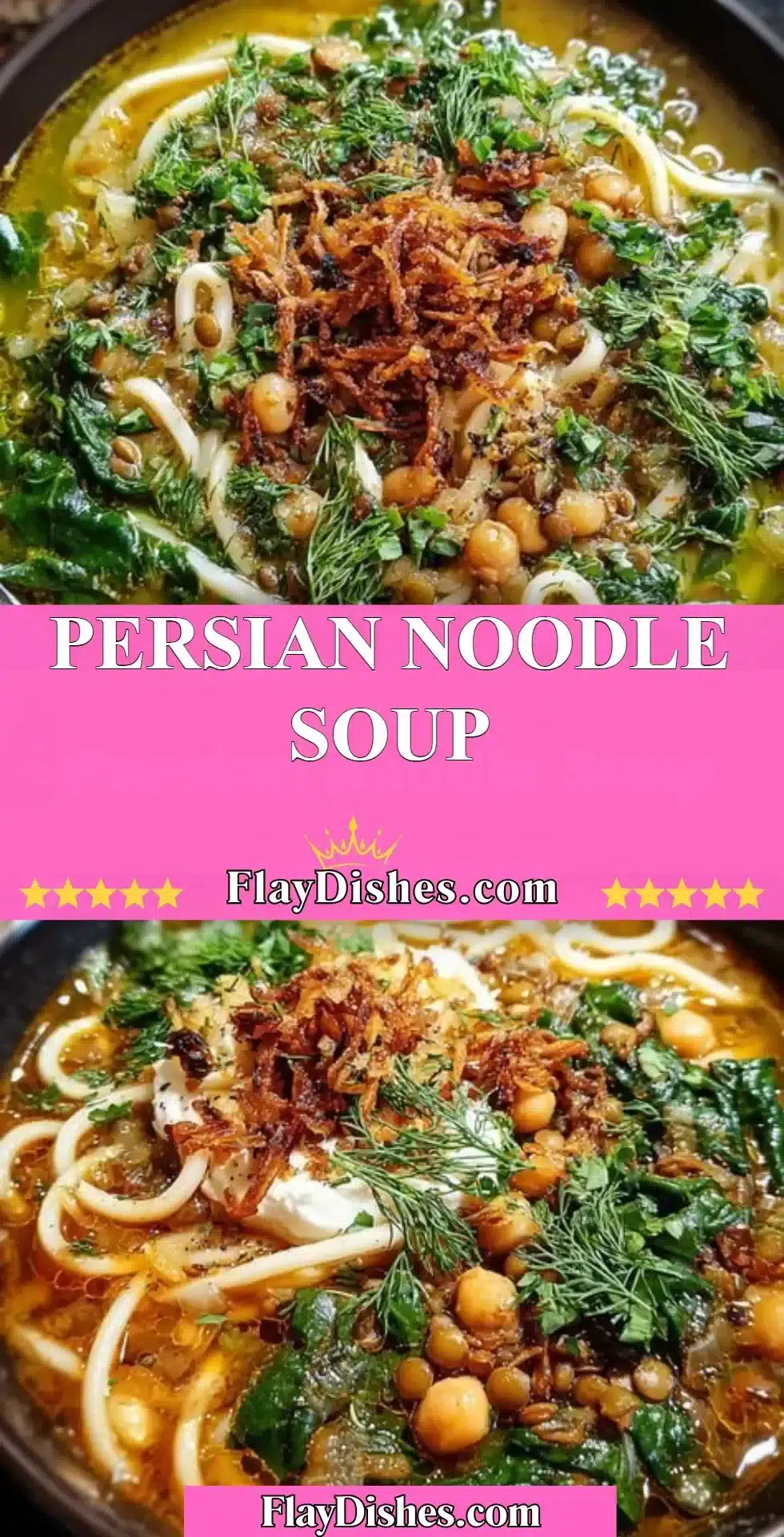 Bowl of Persian Noodle Soup garnished with fresh herbs and spices