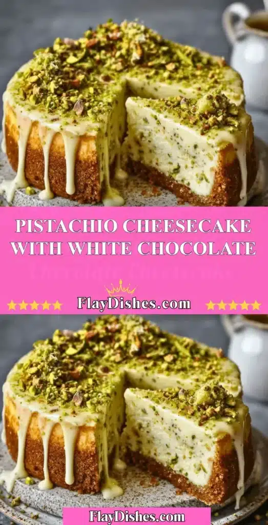 Slice of Pistachio Cheesecake with White Chocolate garnished with pistachios