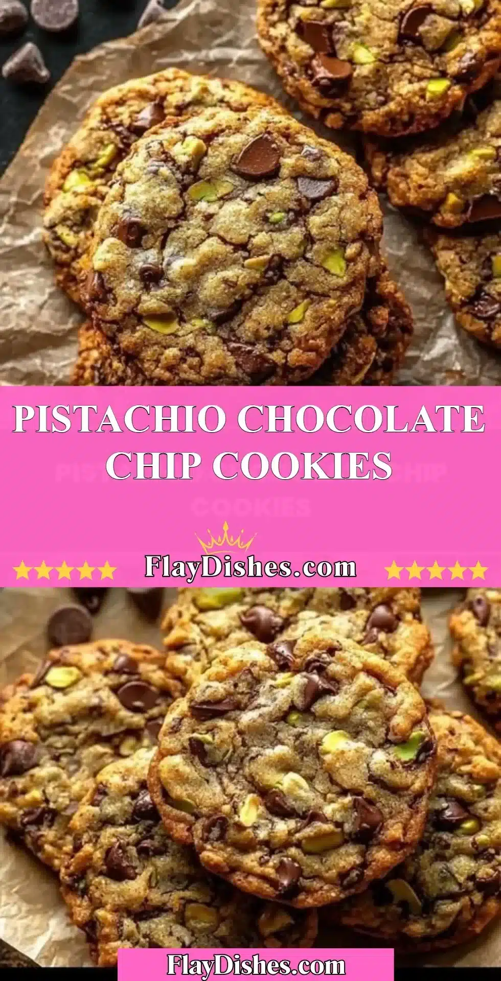 Freshly baked pistachio chocolate chip cookies on a cooling rack.