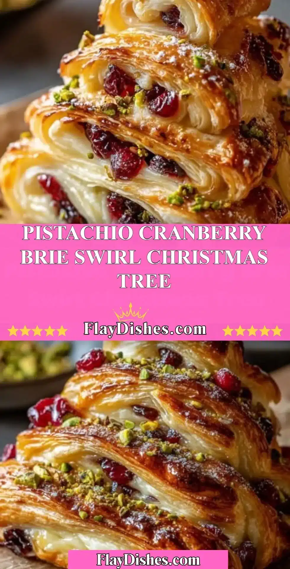 Pistachio Cranberry Brie Swirl arranged in a Christmas tree shape