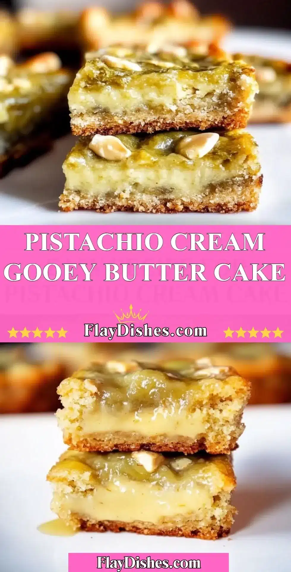 Moist Pistachio Cream Gooey Butter Cake topped with a rich creamy layer