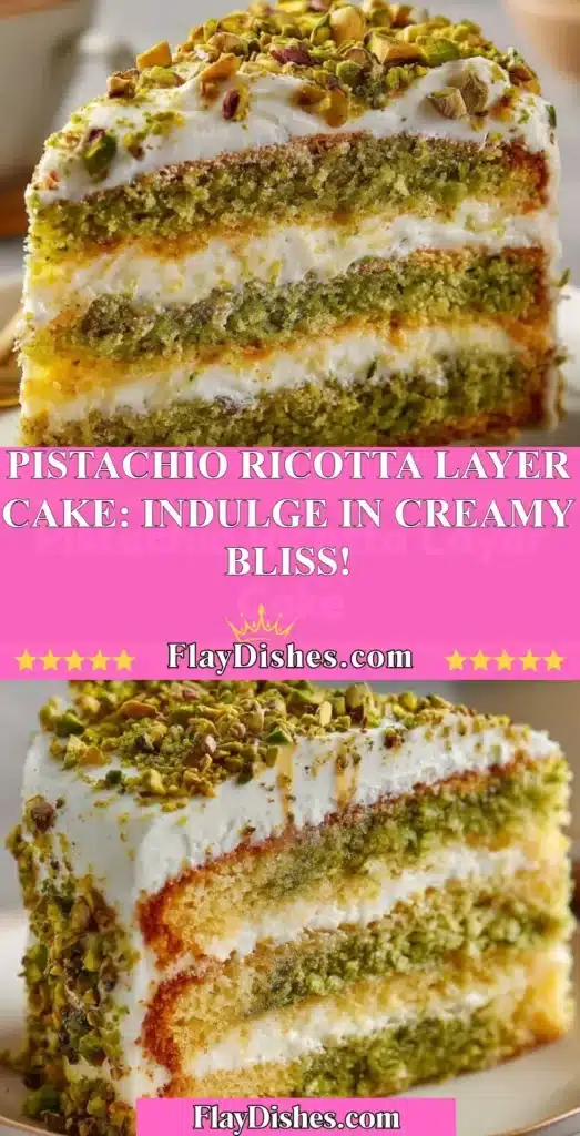 Pistachio Ricotta Layer Cake topped with creamy frosting and pistachios, a delicious dessert.