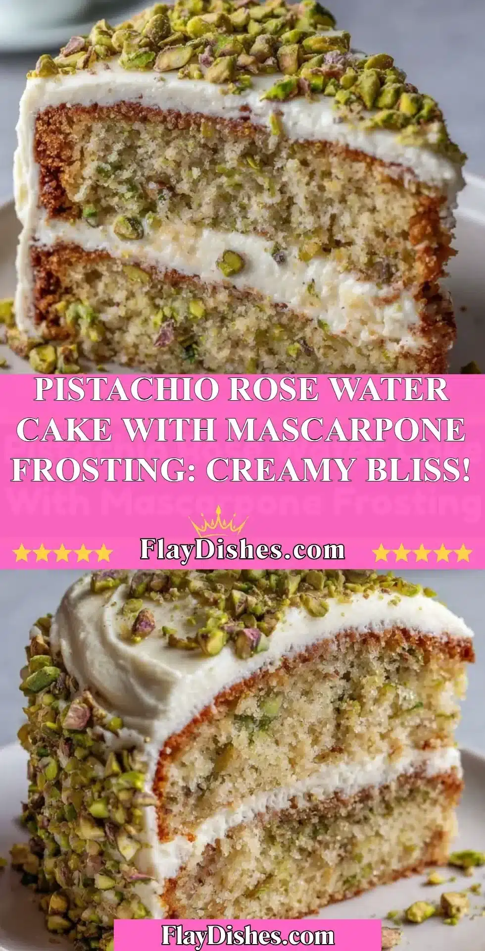 Pistachio rose water cake layered with mascarpone frosting