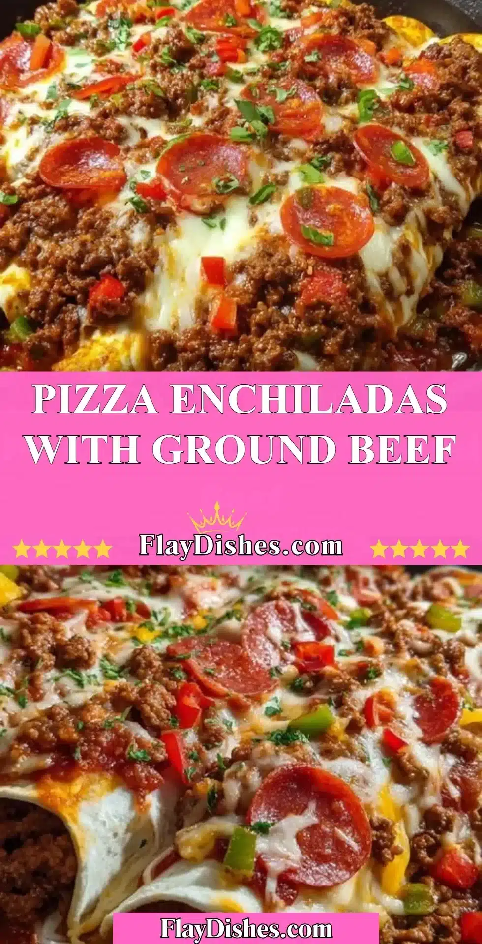 Delicious Pizza Enchiladas with Ground Beef, topped with cheese and spices