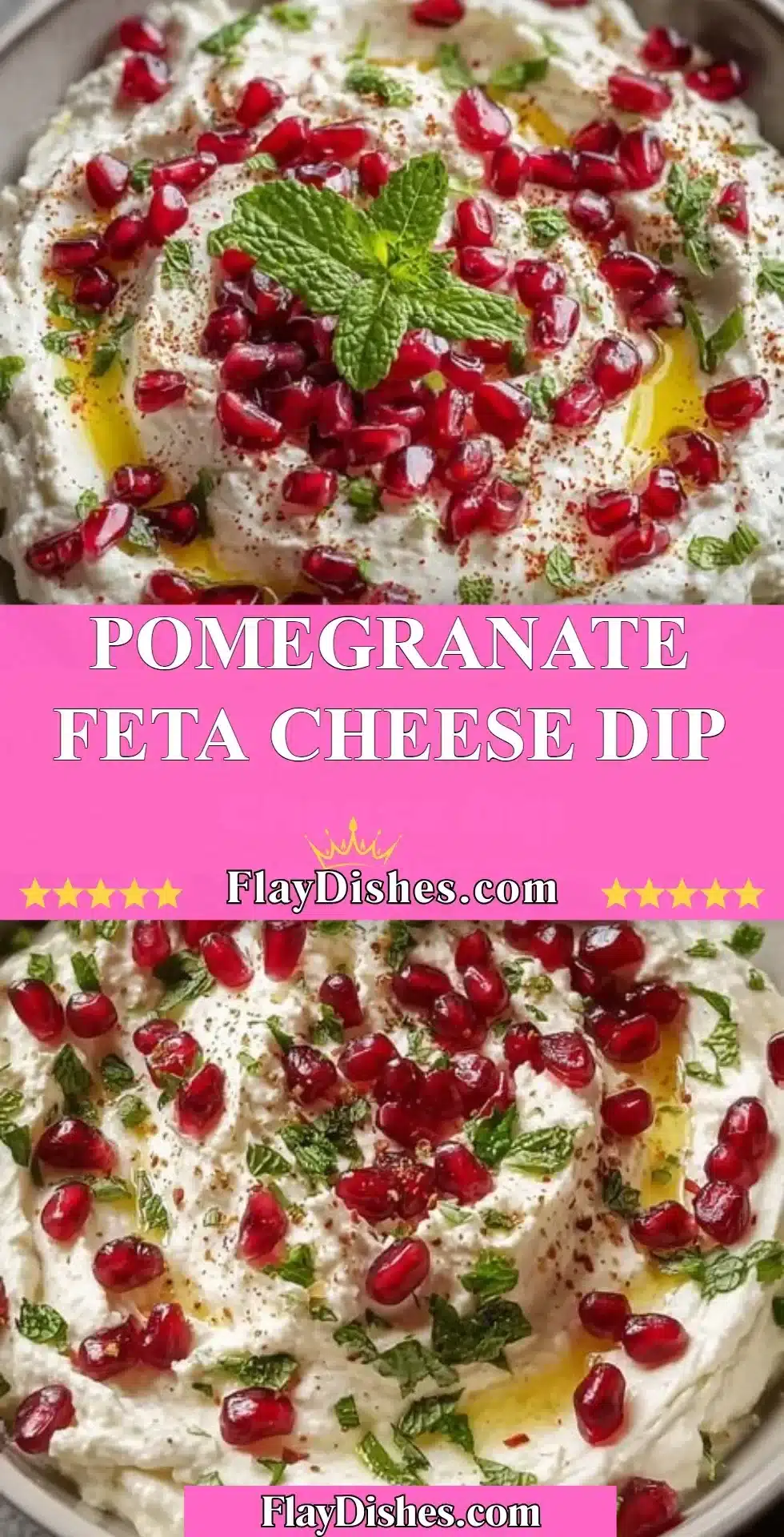 Delicious Pomegranate Feta Cheese Dip served in a bowl with pomegranate seeds on top.