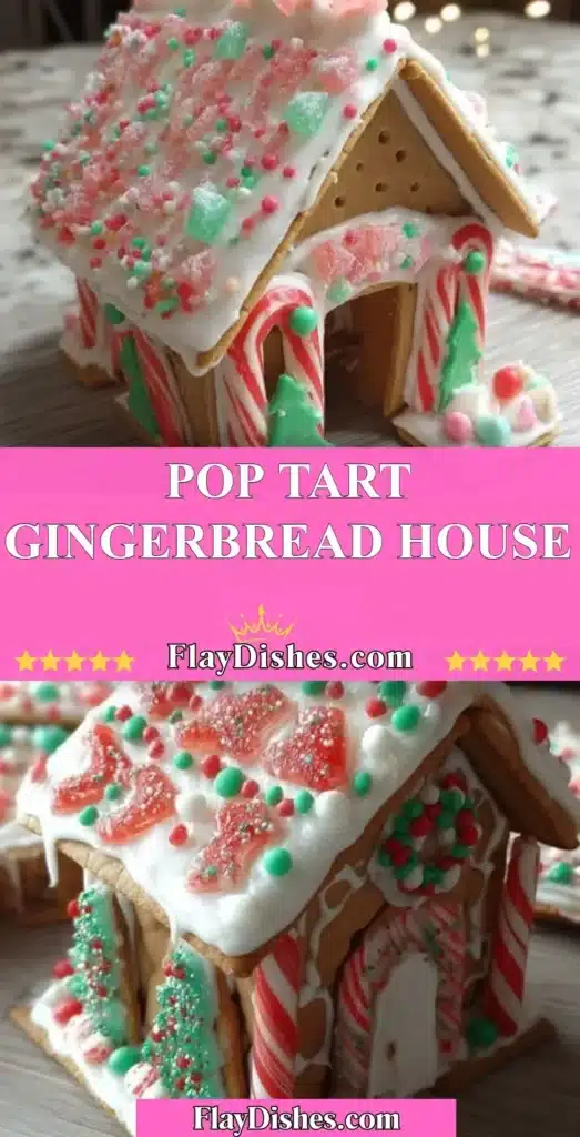 Colorful Pop Tart Gingerbread House decorated with frosting and candies