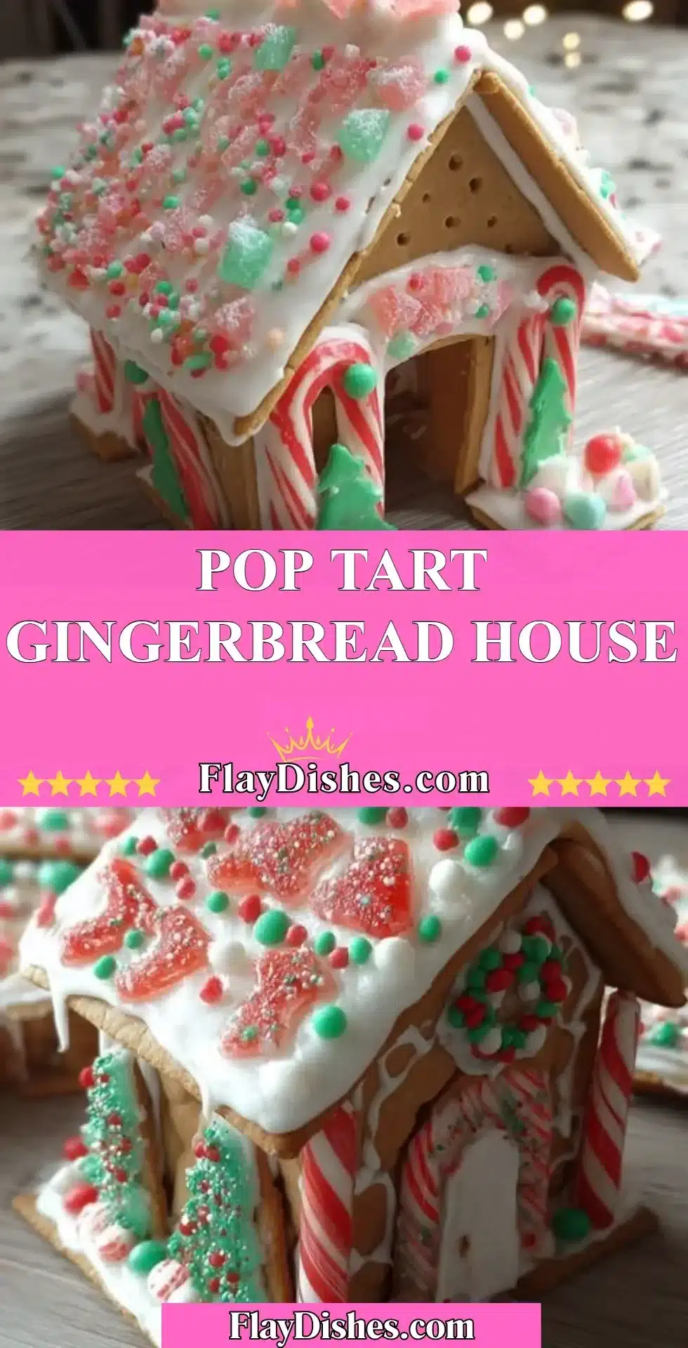 Colorful Pop Tart Gingerbread House decorated with frosting and candies