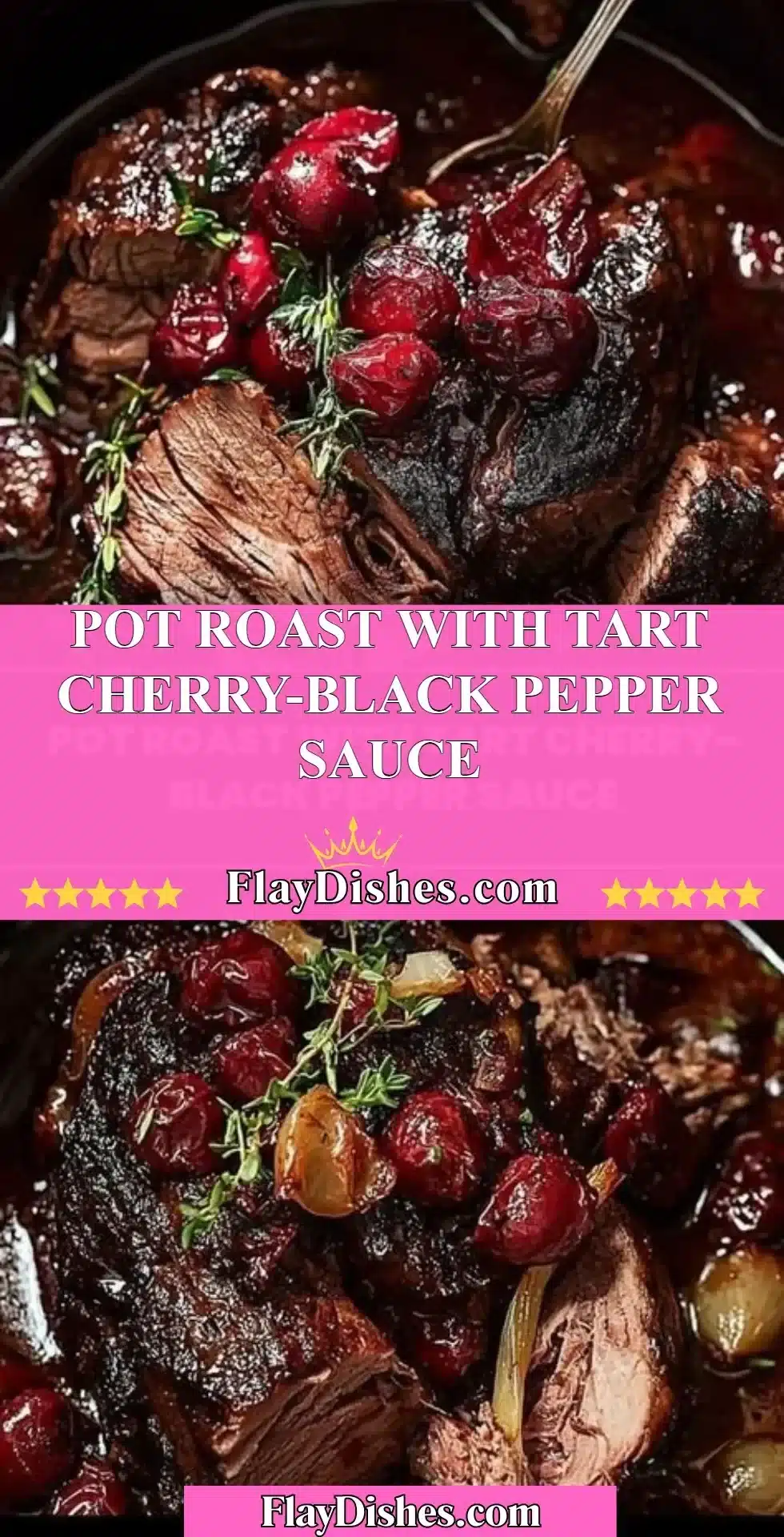 Pot roast with tart cherry-black pepper sauce served on a plate