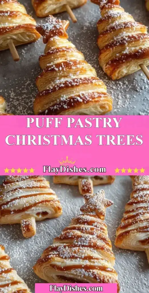 Puff pastry Christmas trees decorated with festive ingredients for holiday treats.