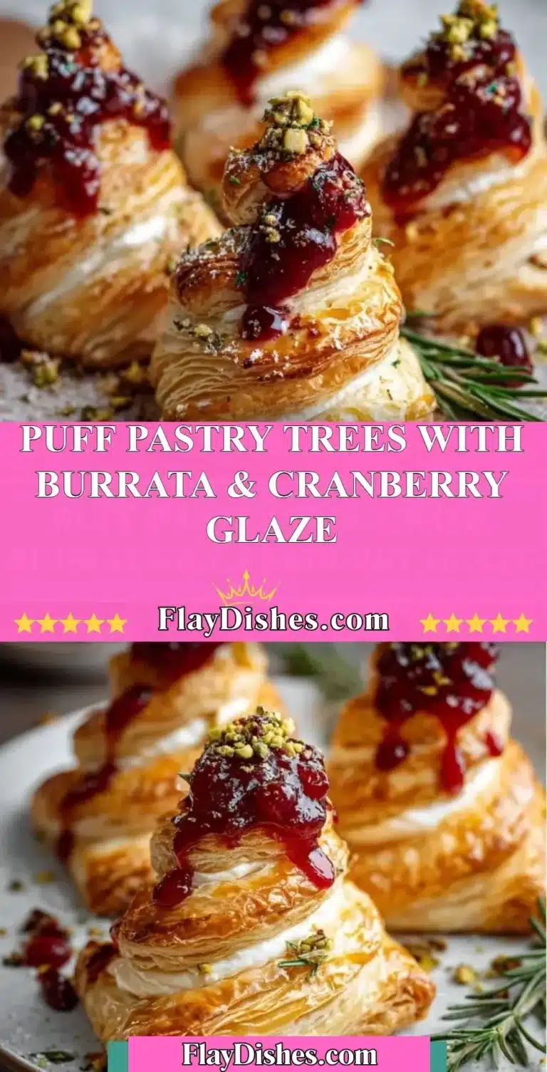 Festive Puff Pastry Trees with Burrata and Cranberry Glaze on a plate