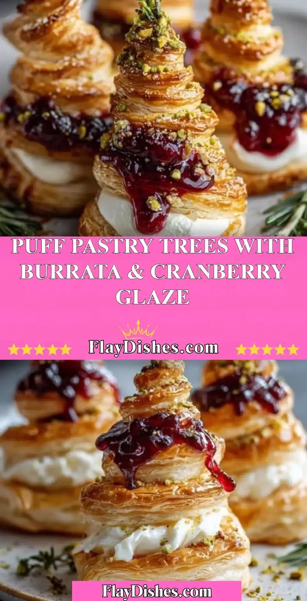 Luscious puff pastry trees with burrata cheese and cranberry glaze garnish.