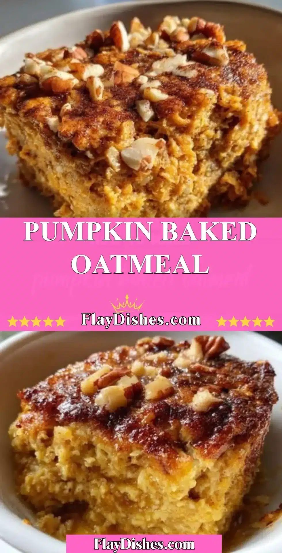 Bowl of warm and delicious Pumpkin Baked Oatmeal topped with spices