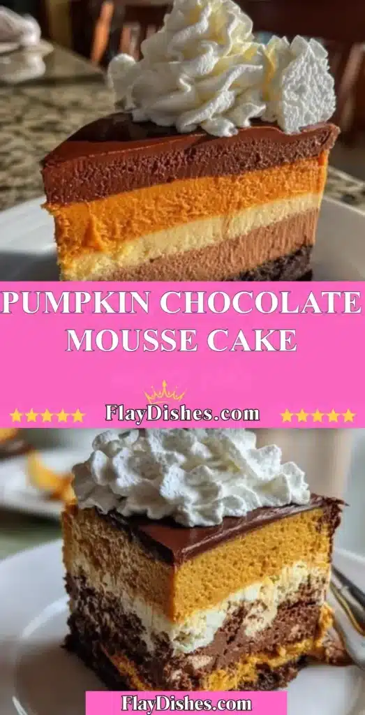 Delicious Pumpkin Chocolate Mousse Cake topped with whipped cream