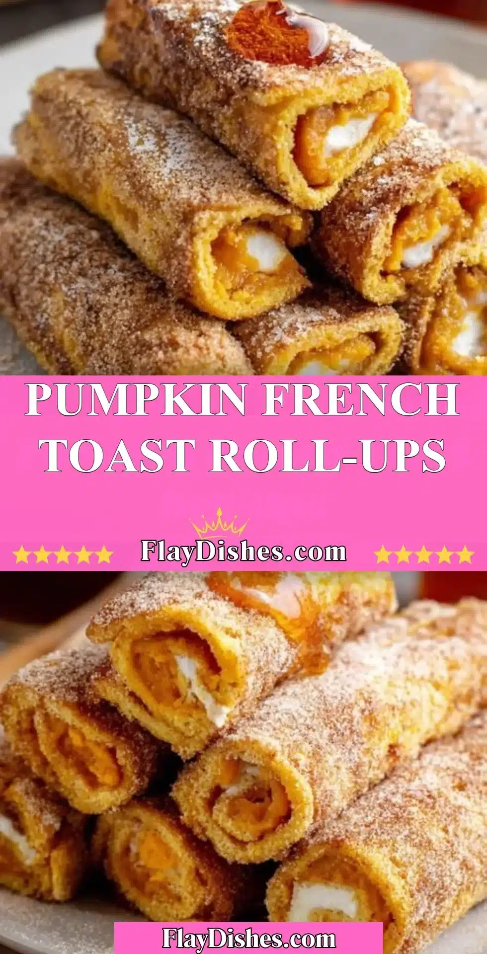 Pumpkin French Toast Roll-Ups served with syrup and whipped cream