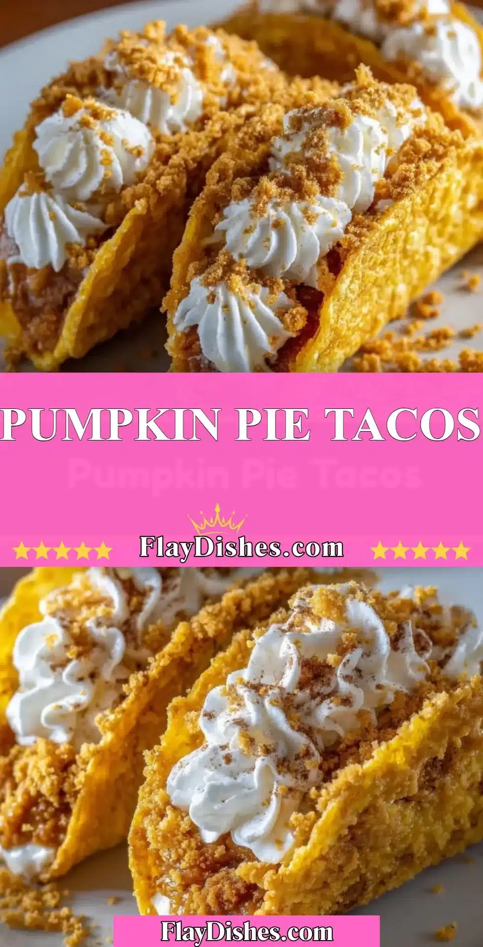 Pumpkin pie tacos filled with creamy pumpkin filling and topped with whipped cream