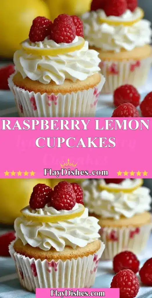 Raspberry Lemon Cupcakes topped with fresh raspberries and lemon frosting