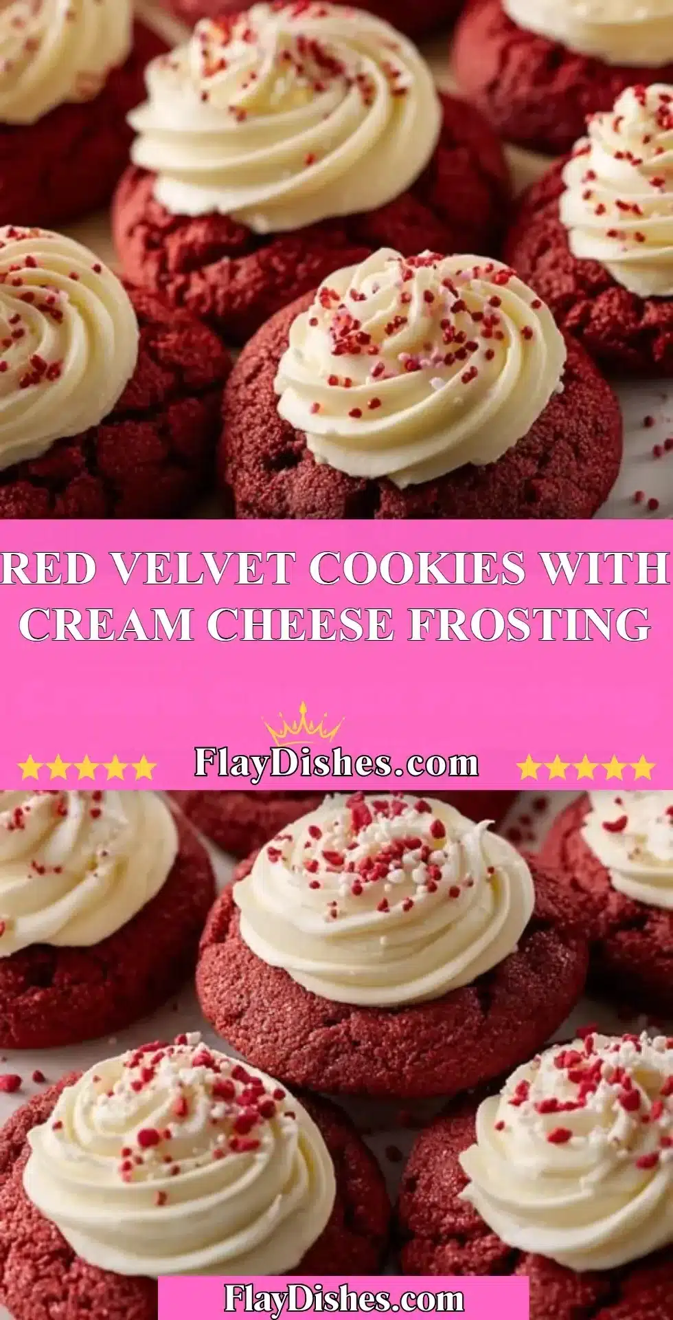 Red velvet cookies decorated with cream cheese frosting on a white plate.