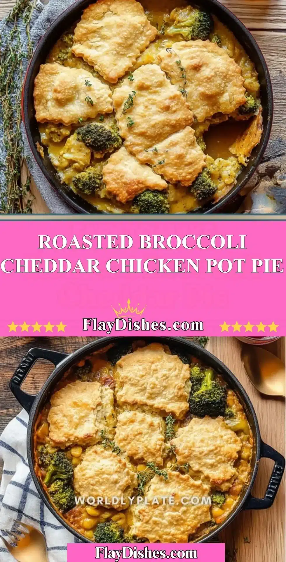Roasted Broccoli Cheddar Chicken Pot Pie showcasing a golden crust and fresh ingredients